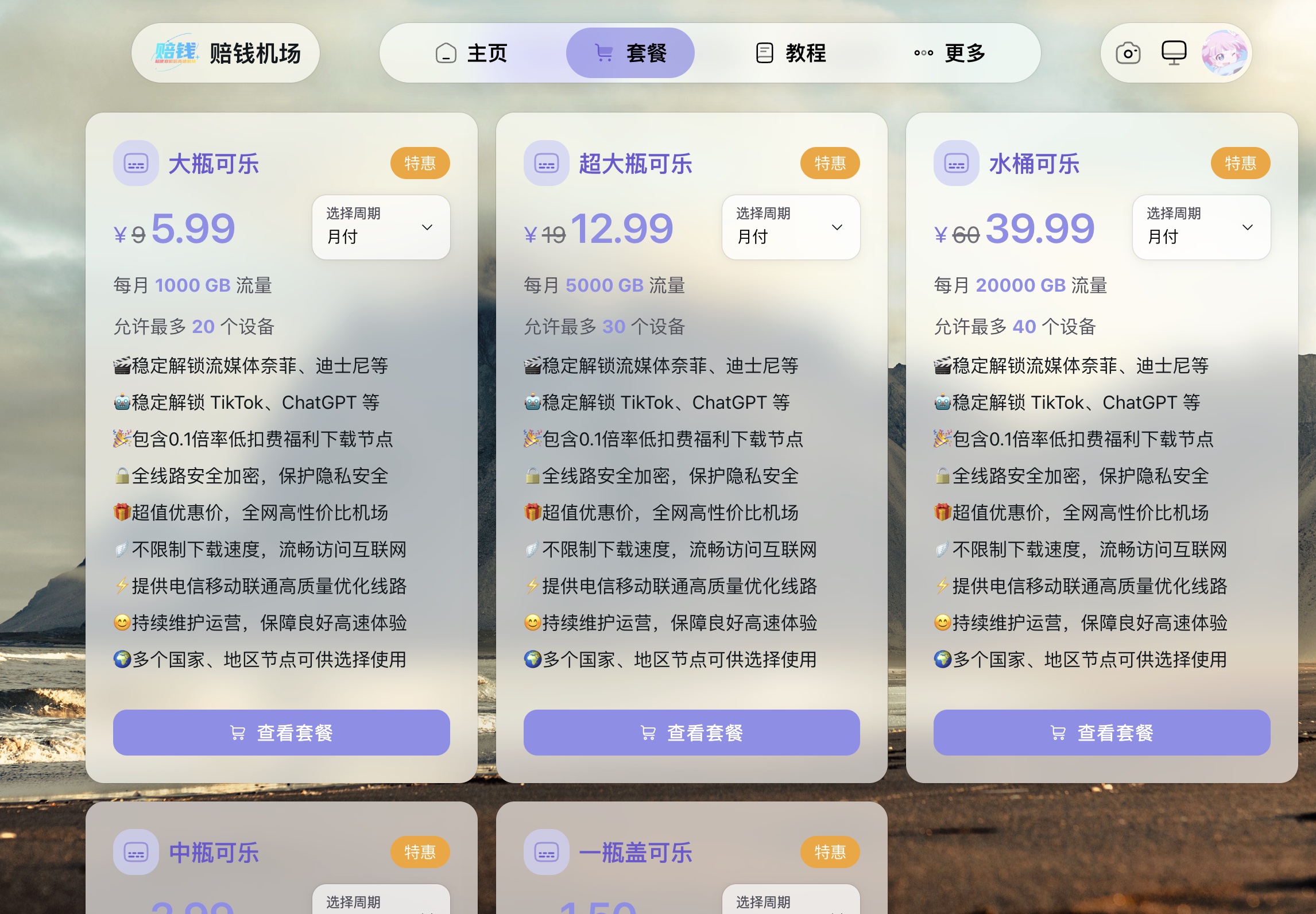 赔钱机场官网套餐价格截图